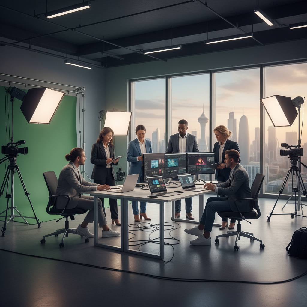 Creative production team collaborating in a Doha media studio