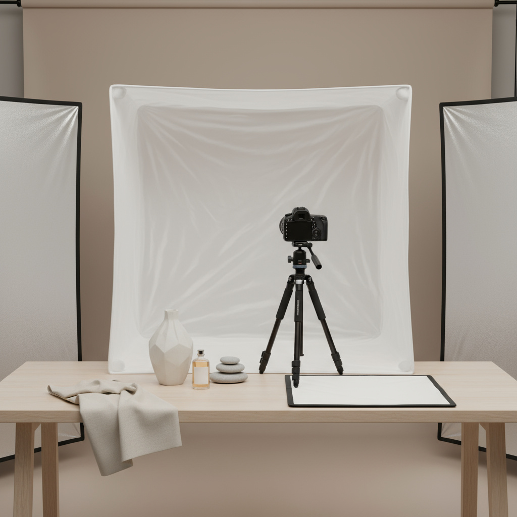 Product photography setup with lighting and props