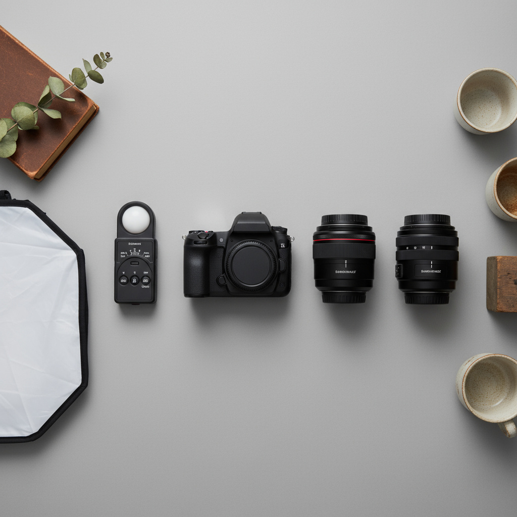 Professional photography gear prepared for a commercial shoot