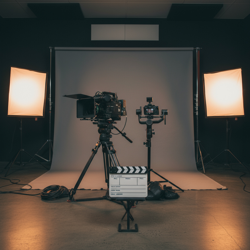 Video production set with camera and lighting equipment